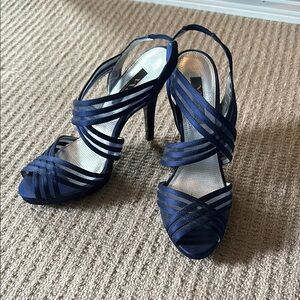 Nina NY Navy Blue Satin Mesh Strappy Heels